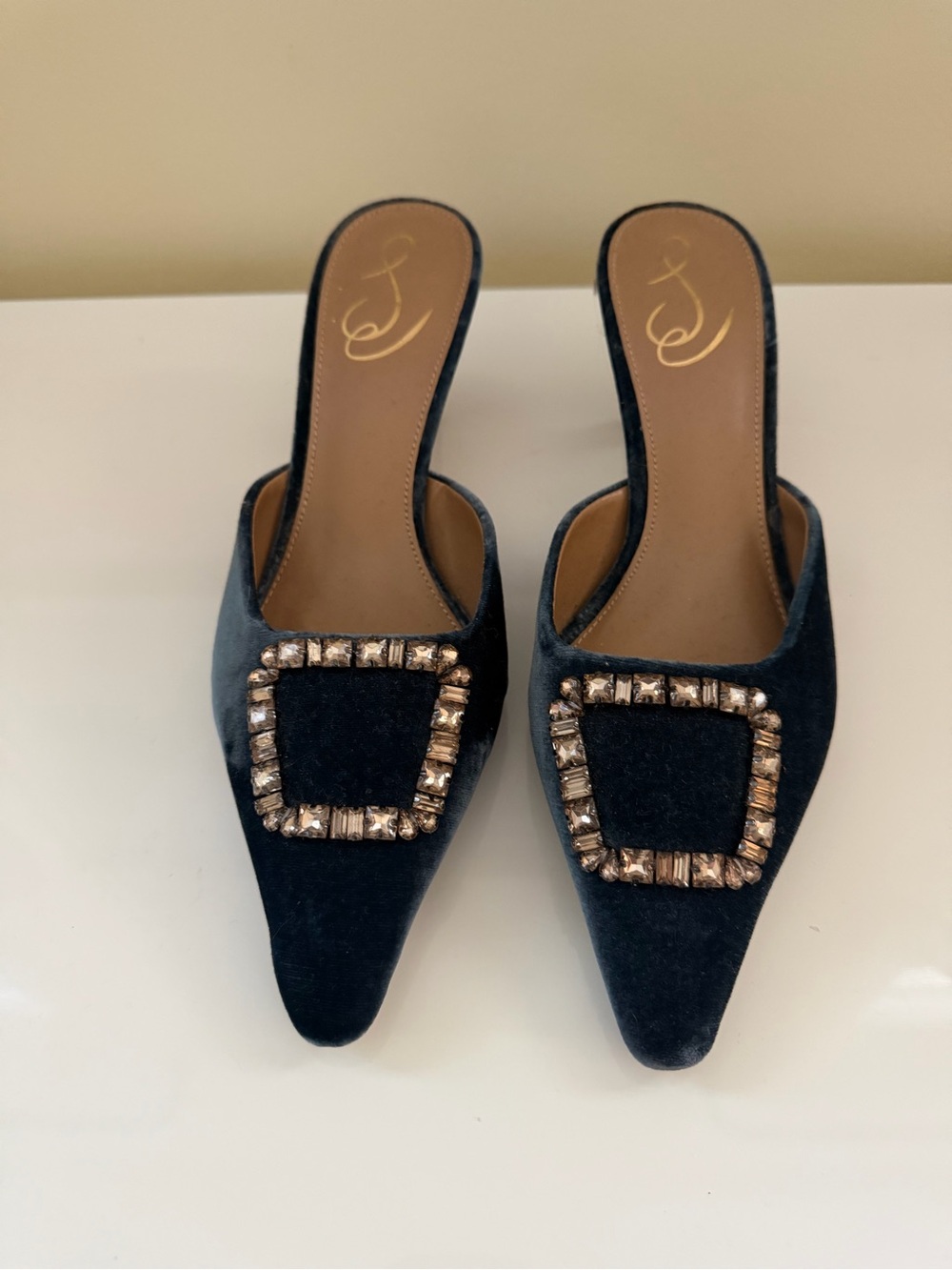 Sam Edelman Black Velvet Pointed Mule with Gold Crystal Buckle
